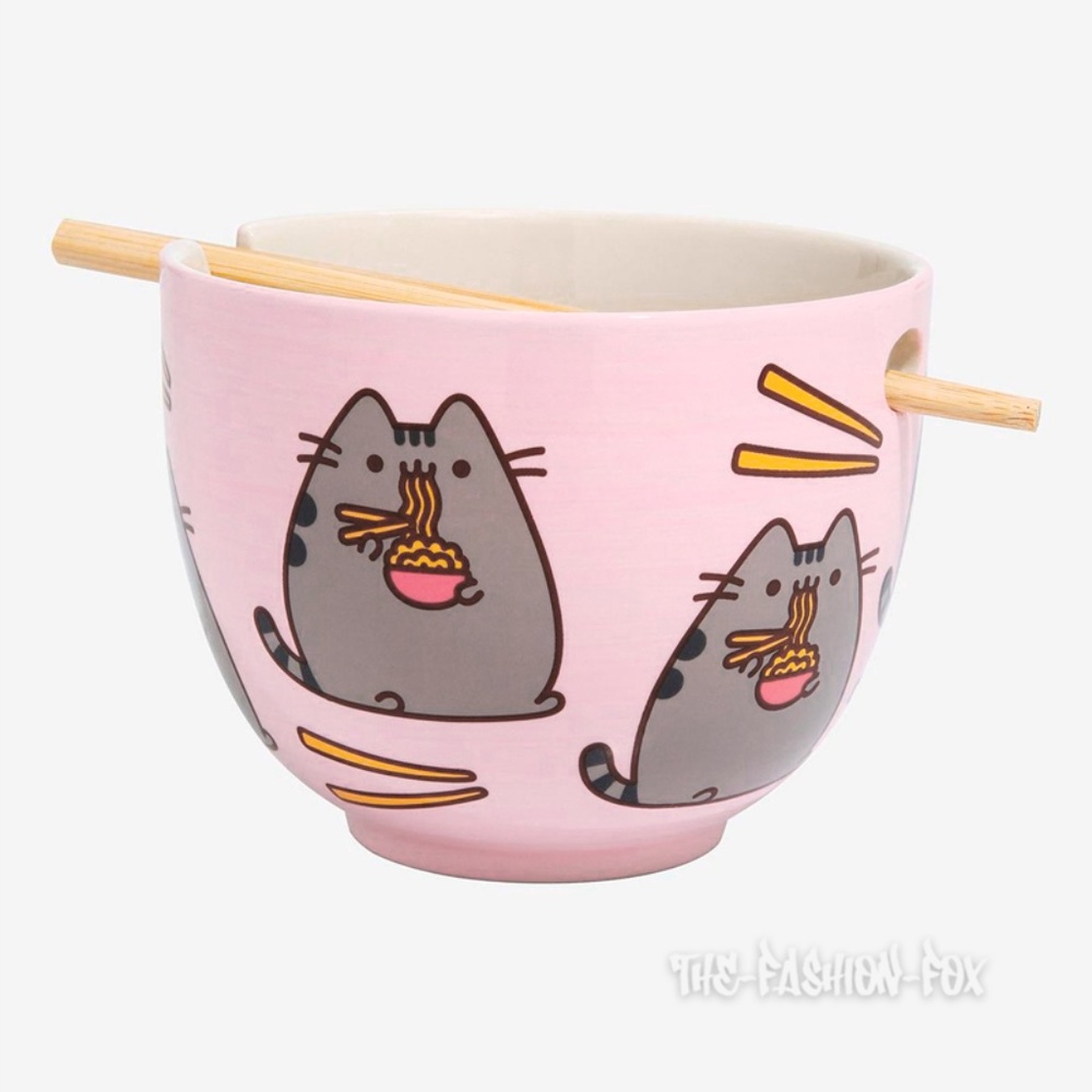 Pusheen Cat Pink Stoneware Ramen Bowl and Bamboo Chopsticks Set ~ New In Box